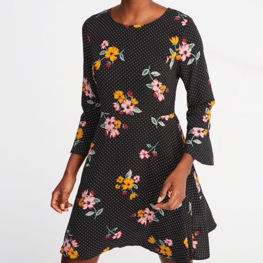 OLD NAVY Floral Polka Dot Ruffle Sleeve Dress Black Pink 3/4 Sleeve Fit & Flare